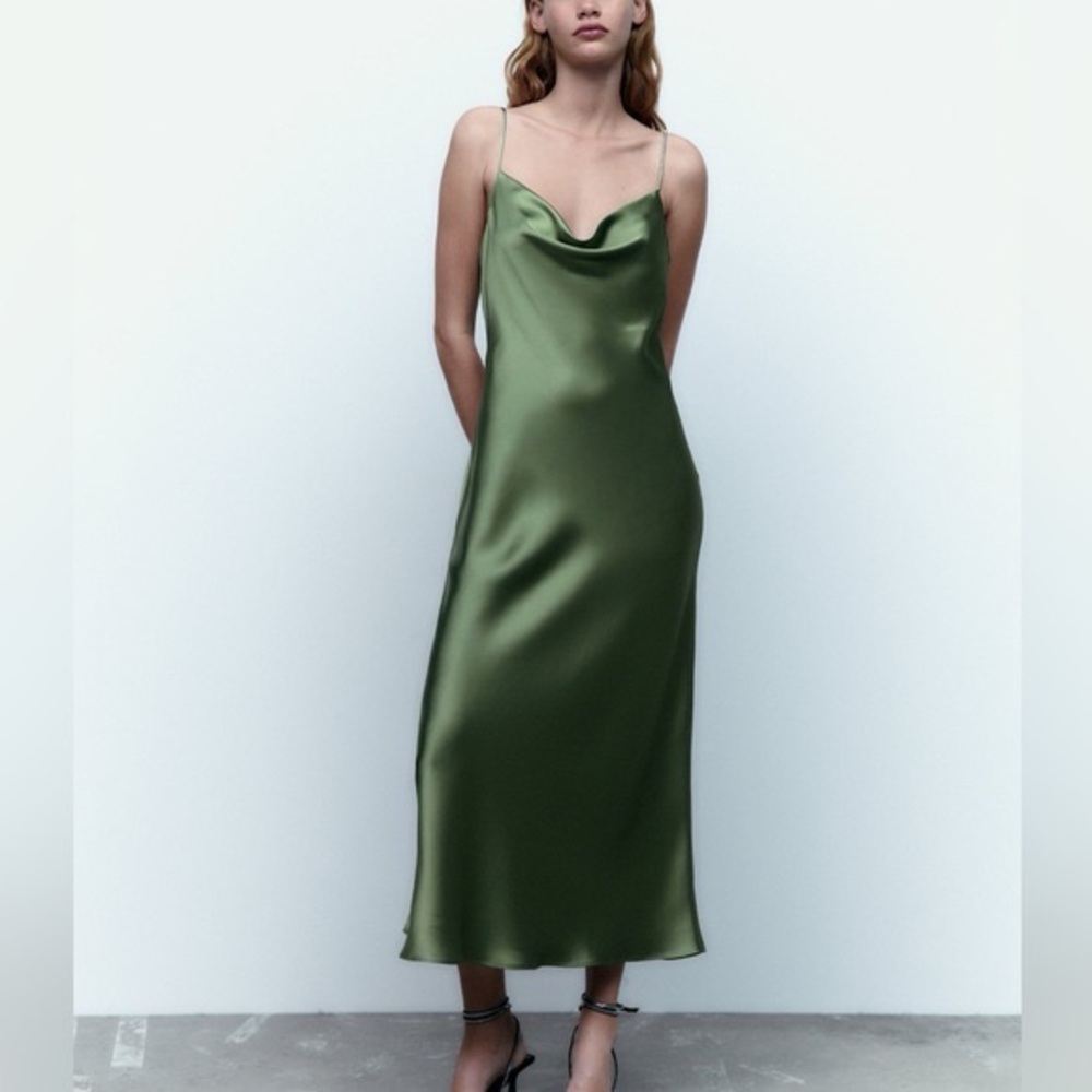 Zara Sparkly strap Green Satin Slip Dress